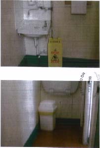 The image displays interior views of a public toilet facility, featuring a wall-mounted sink with exposed plumbing and a wet floor sign in the top panel, and a toilet with a waste bin in the bottom panel.