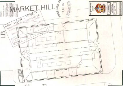 The image displays an architectural floor plan of a building labeled 'Market Hill', showing internal room layouts, furniture arrangements, and administrative stamps.