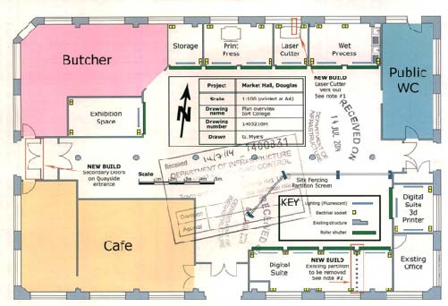 This image displays an architectural floor plan for a commercial project at Market Hall, Douglas, detailing units such as a cafe, butcher, and public WC.