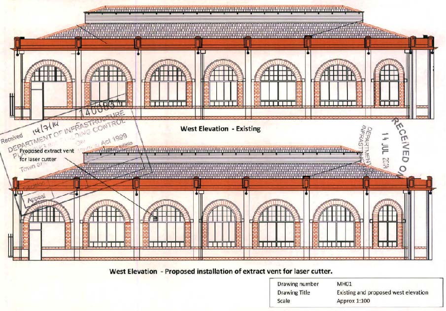 Architectural elevation drawings comparing the existing west facade of a long commercial building with a proposed installation of a roof extract vent.