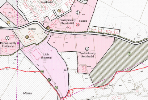 A planning zoning map displaying land use designations such as 'Predominantly Residential' and 'Light Industrial' with road networks and location names like Foxdale and Malew.