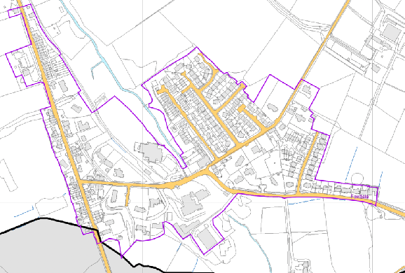 This image shows a site location map or plan of a village settlement, featuring purple boundary lines and yellow highlighted roads.