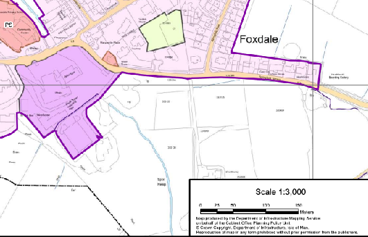 A planning site location map displaying land parcels with purple and green highlighted boundaries overlaid on a topographical base map.