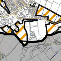 A site plan illustrating a proposed residential development area marked with thick black boundaries and orange hatching. The map shows the site's location relative to existing housing to the north and surrounding agri...