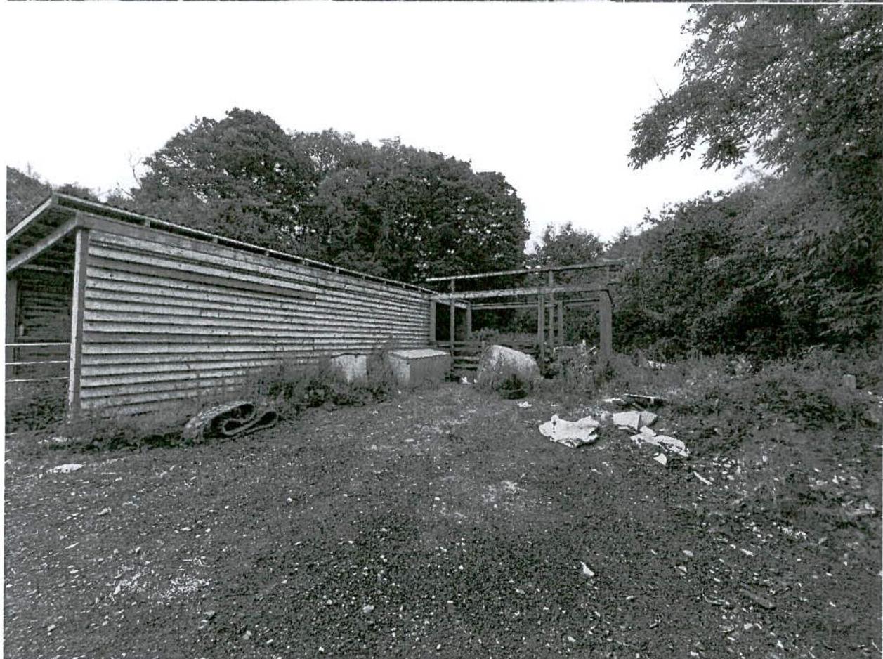 A black and white photograph showing a long wooden agricultural building or shed in a rural setting, featuring a section with exposed structural framework.
