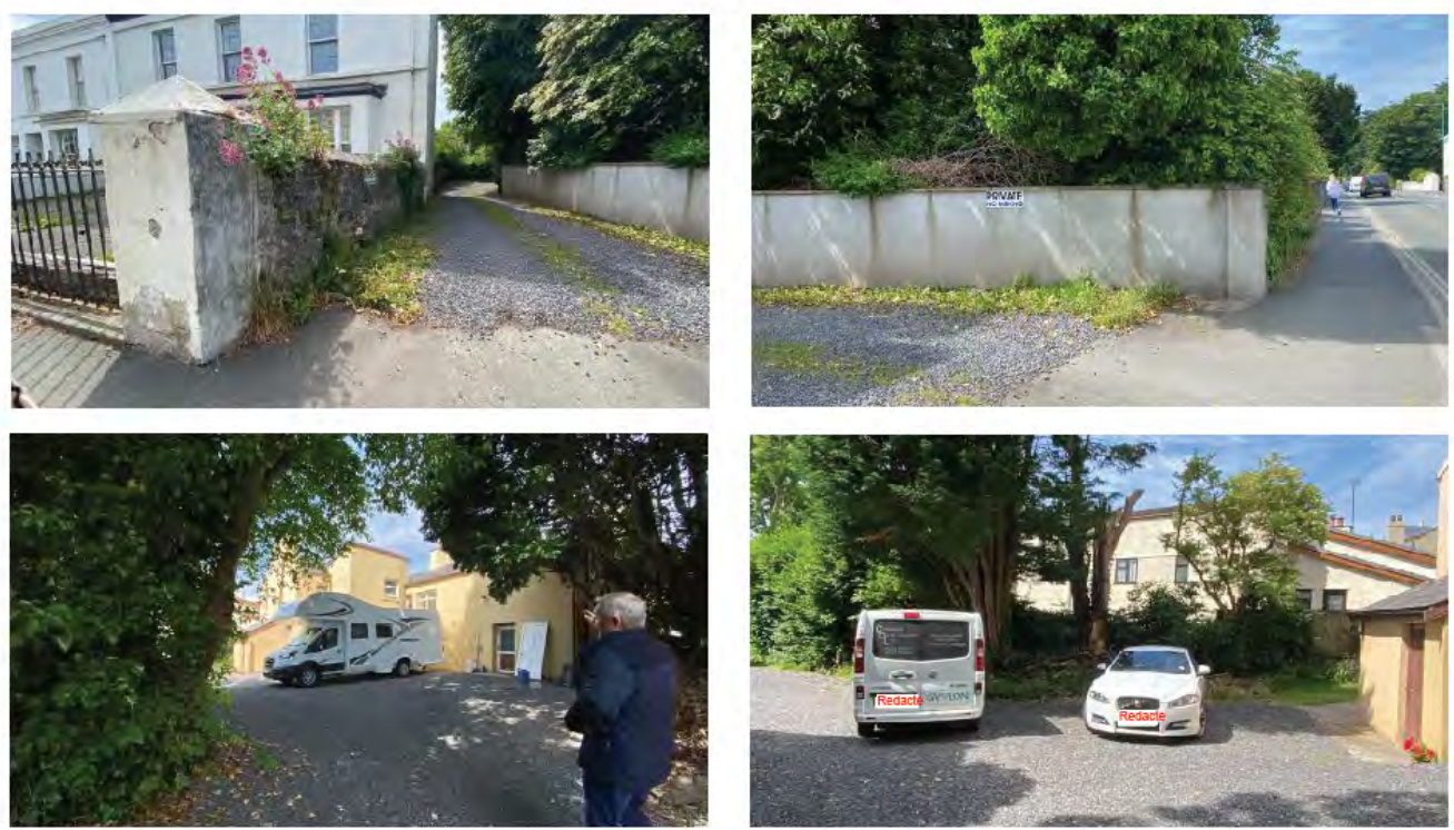 A collage of four photographs illustrating the site's existing access points, boundary walls, and current driveway parking arrangements.