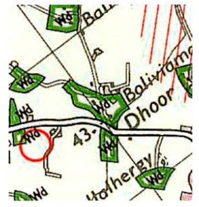 A site location map showing woodland areas, roads, and a specific plot highlighted with a red circle.