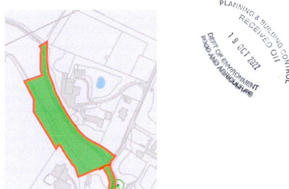A site plan showing a long, narrow green highlighted area with a red boundary line, indicating the proposed development site in a rural setting.