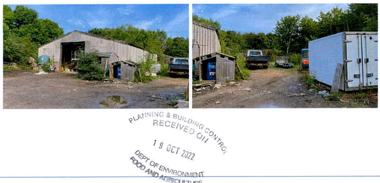 Two side-by-side photographs show an existing agricultural site featuring a large corrugated metal shed and a smaller wooden outbuilding with vehicles parked on a gravel yard.