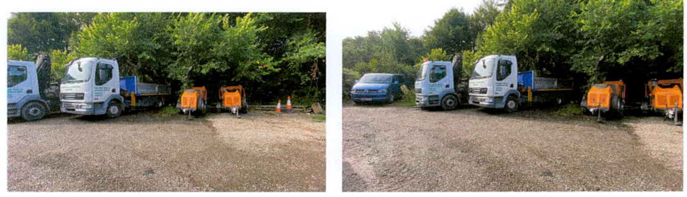 A split-view photograph showing a gravel yard with two white trucks and orange wood chippers parked beneath a line of trees.