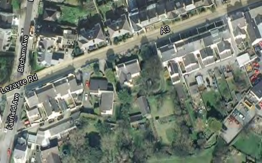 An aerial view showing a residential area with visible road names like Lezayre Rd and Bircham Ave, serving as a location map for the proposed development.