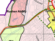 A location map showing site boundaries and surrounding areas near Rushen Abbey and Ballasalla with colored zoning.