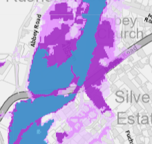 A planning map displaying a site location with blue and purple zoning overlays near Abbey Road and Silverdale Estate.