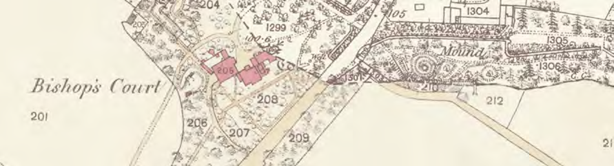 A cropped section of a historic Ordnance Survey map showing property boundaries, trees, and buildings labeled 'Bishop's Court' and 'Mona'.