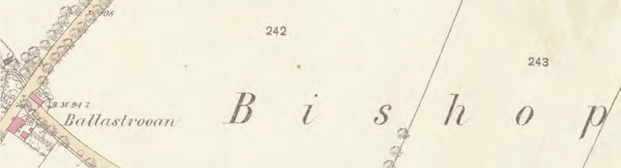 A cropped section of a historical map showing the location 'Ballastroan' and 'Bishop' with plot numbers and building footprints.