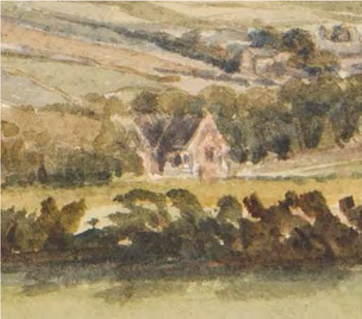 A watercolor painting depicting a detached house situated in a rural landscape with surrounding trees and fields.