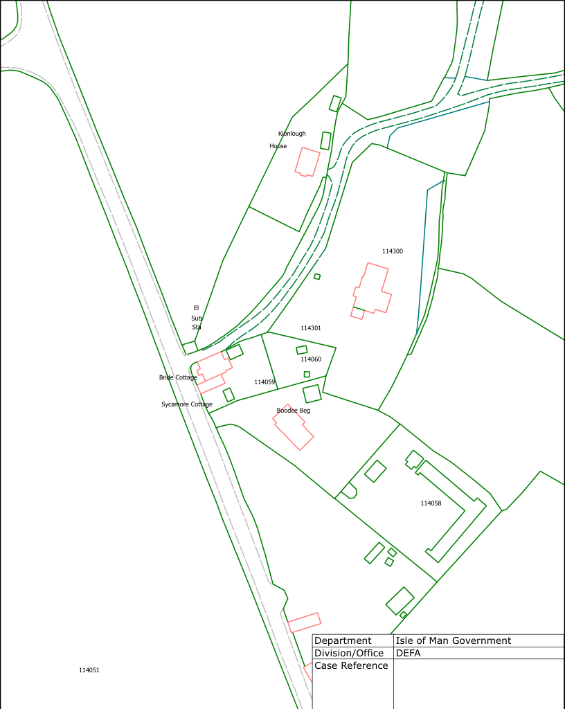 A site plan showing property boundaries, building footprints in red, and surrounding structures like Bride Cottage and Kianlough House.
