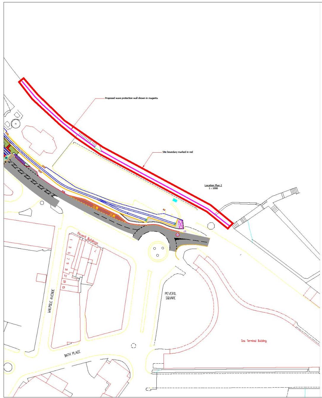 A technical location plan showing the proposed wave protection wall in magenta and the site boundary in red along the promenade.
