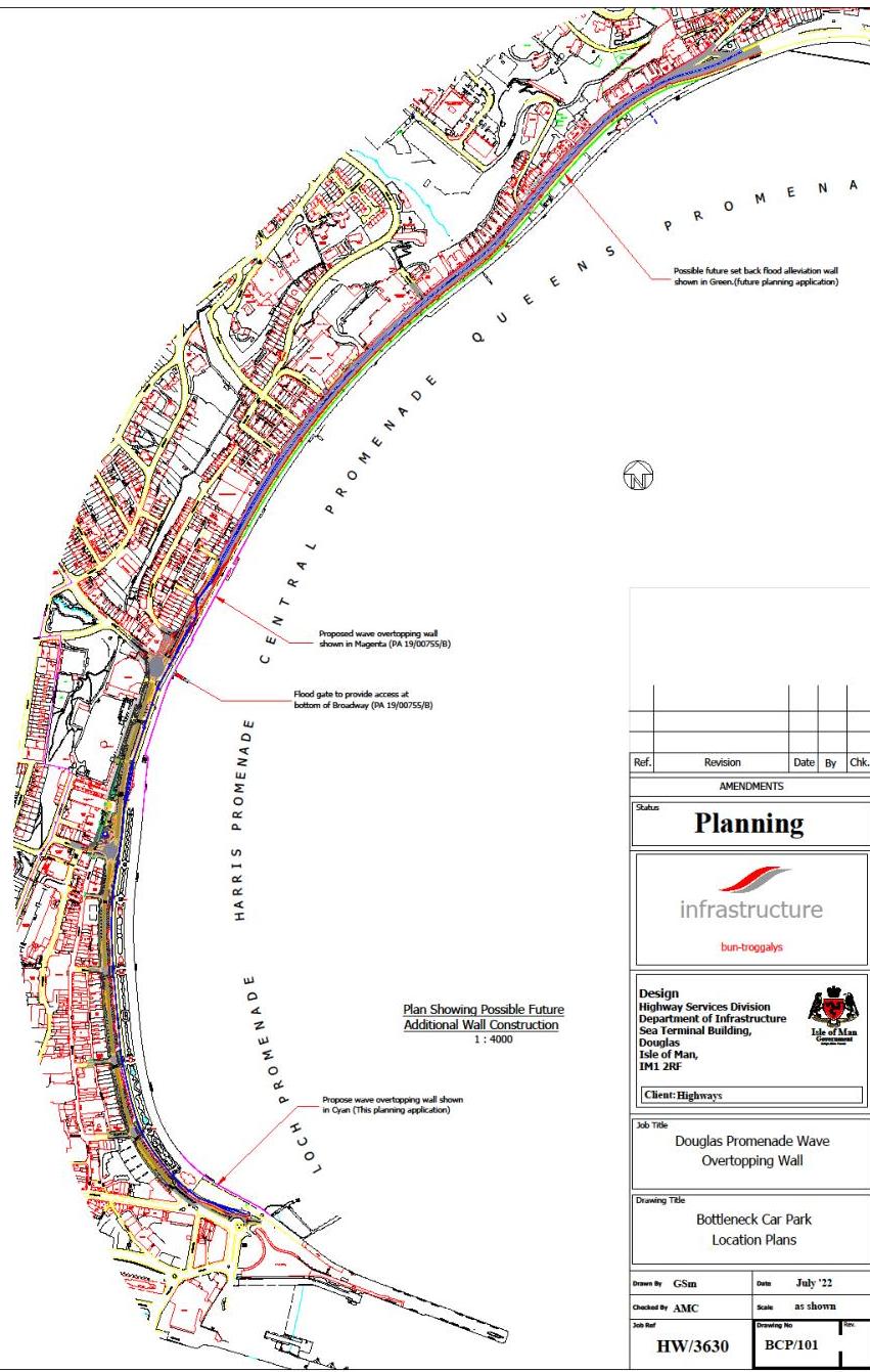 A technical site plan showing the Douglas Promenade coastline with proposed wave overtopping wall alignments marked in magenta and cyan.