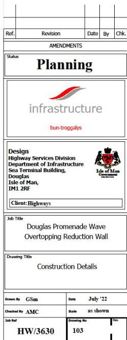 This image shows the title block and header of an engineering drawing for a coastal infrastructure project. It details the job title as 'Douglas Promenade Wave Overtopping Reduction Wall' and includes the drawing titl...
