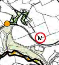 A site location map showing property boundaries, roads, and a specific site marked with a red circle containing the letter 'M'.