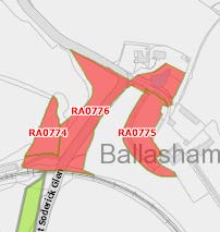 A site plan showing red-shaded areas labeled RA0774, RA0775, and RA0776 near Soderick Glen and Ballasham.