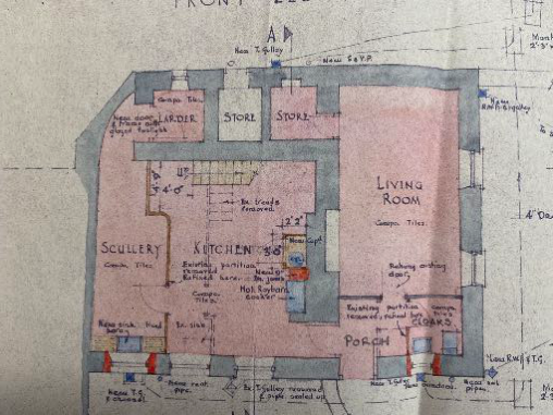 Architectural floor plan detailing the layout of a house with rooms like a living room, kitchen, and scullery.