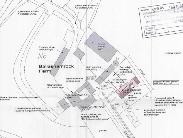 A site plan for Ballashamrock Farm showing existing farm buildings and the proposed location for a new dwelling with associated access and parking.