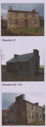 The image displays a series of elevation photographs of existing stone buildings on a rural site, including a two-story house and a single-story outbuilding.