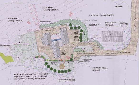 A technical site plan showing the proposed layout of a new dwelling, including landscaping features like wildflower meadows, access points, and parking areas.