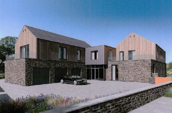 A photorealistic architectural rendering of a proposed modern detached dwelling featuring stone and timber cladding, a driveway with a car, and foreground landscaping.