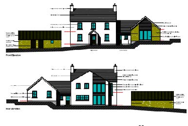 The image displays architectural elevations of a proposed dwelling, showing both the front and rear views with dimension lines and annotations.