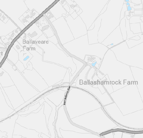 A site location map displaying the rural area around Ballaveare Farm and Ballashamrock Farm, highlighting roads and field boundaries.
