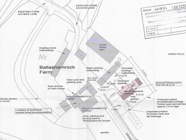A black and white site plan for Ballashamrock Farm showing existing structures like a portal frame barn and proposed new developments including a dwelling and curtilage boundaries.
