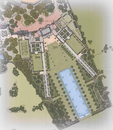 An illustrated site plan showing the layout of proposed equestrian facilities, including riding arenas, stabling, and landscaping.