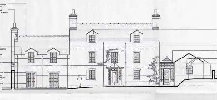 This image displays an architectural elevation drawing of a large manor-style house and an adjacent smaller outbuilding structure.