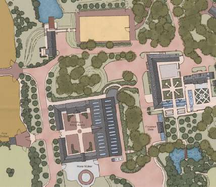 An illustrated site plan showing the layout of buildings, driveways, and extensive landscaping features on a property.