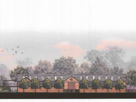 An architectural elevation rendering depicting a long, single-story agricultural building with a pitched roof, surrounded by trees and landscaping.