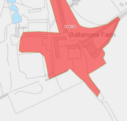 A site plan map highlighting the Ballamona Farm area in red, showing the proposed development boundary near road RA0770.