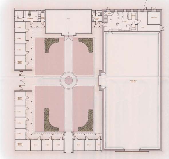 This image displays a detailed architectural floor plan for a proposed equestrian facility, showing the layout of stables, an indoor arena, and associated rooms.