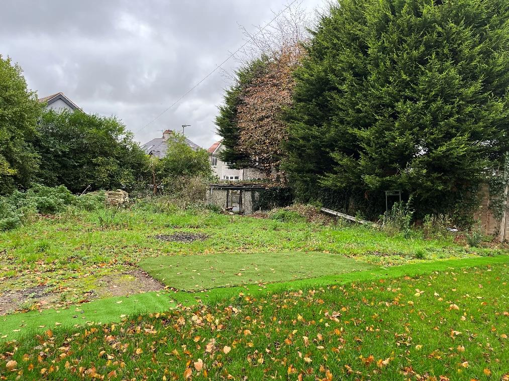 A photograph showing an overgrown rear garden or yard area with grass, trees, and a small outbuilding structure visible.