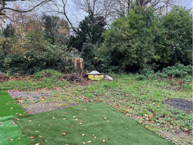 A photograph of a rear garden area featuring artificial turf in the foreground and a dense tree line in the background, with a tree stump and debris in the middle.