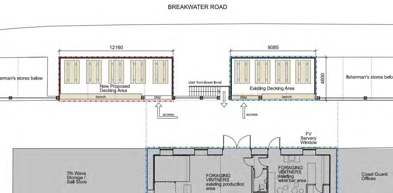 Architectural floor plan showing the layout of a new proposed decking area adjacent to an existing deck and building interior.