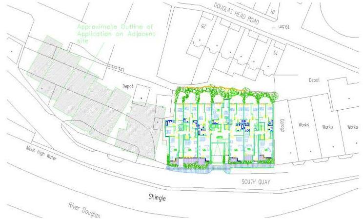 A detailed site plan showing a proposed building layout with landscaping near the River Douglas and South Quay, alongside an adjacent site outline.
