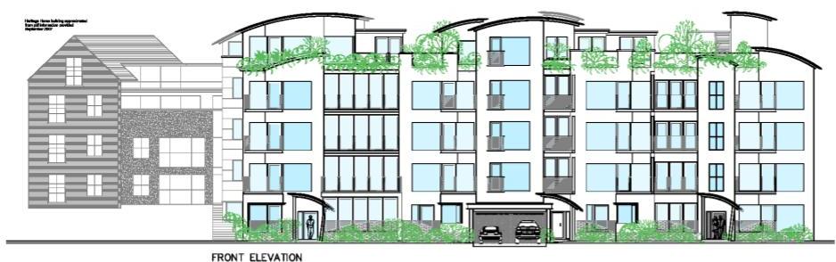 Architectural front elevation drawing of a multi-story residential development featuring balconies, a carport with cars, and landscaping.