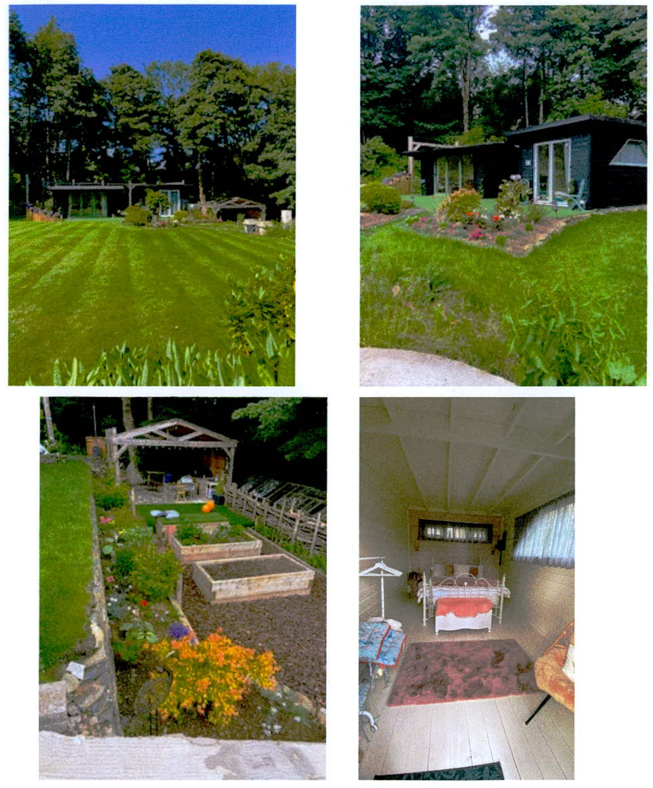 A collage of four photographs displaying the exterior and interior of garden cabins and the surrounding landscaped grounds.