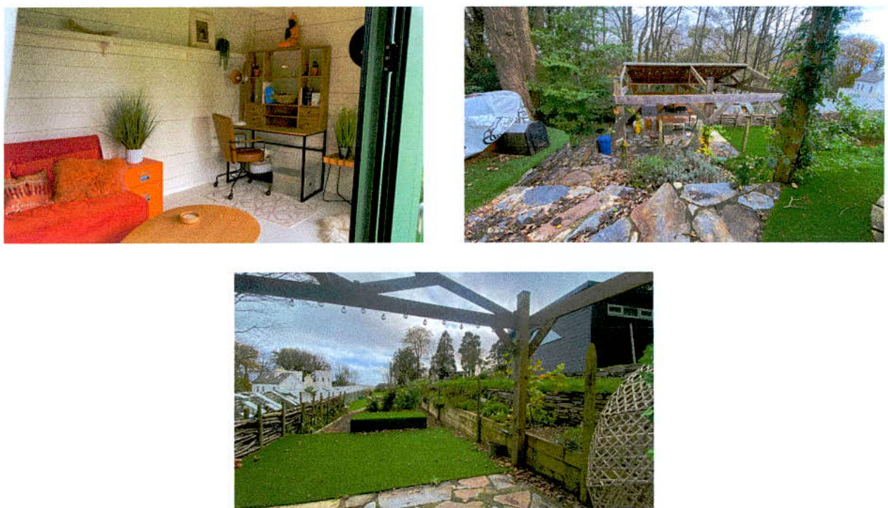 A collage of three photographs showing the interior of a furnished cabin, an exterior wooden structure in a garden, and a landscaped garden area with a pergola.
