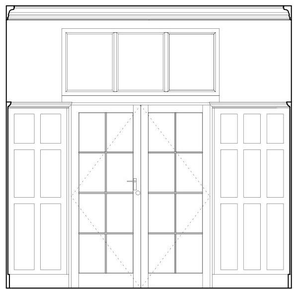 This image displays an architectural elevation drawing of a building facade featuring a central double door with sidelights and a transom window.