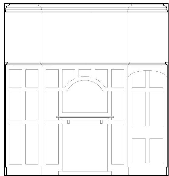 This image shows a black and white architectural elevation drawing featuring detailed paneling and a door with an arched top, likely representing the proposed alterations to the building's facade.