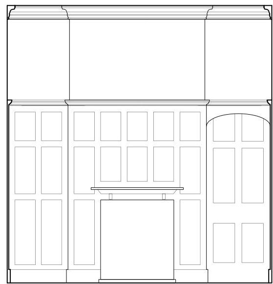 Architectural elevation drawing showing detailed paneling and fenestration, likely illustrating proposed door and window alterations.